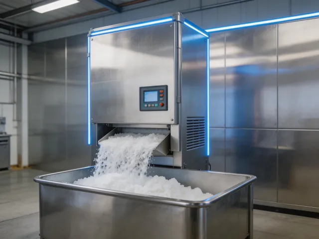 FrostLine Industrial commercial flake ice machine producing ice in a food processing facility