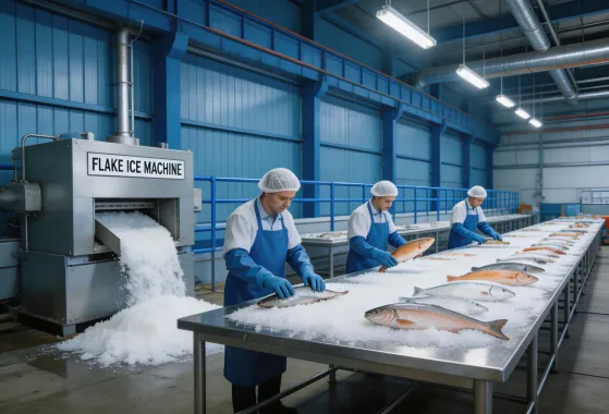 Flake ice system in a seafood processing facility